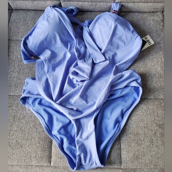 Bar III | Core Solids Berry Periwinkle Blue Cowlneck One-Piece Swimsuit - Picture 3 of 6